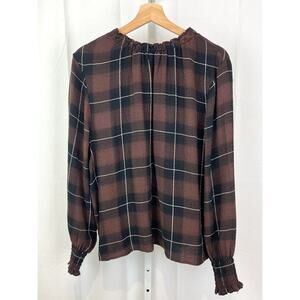 CLOTH & STONE Size L Pucker Plaid Top Long Sleeve Textured Stretch Brown Black